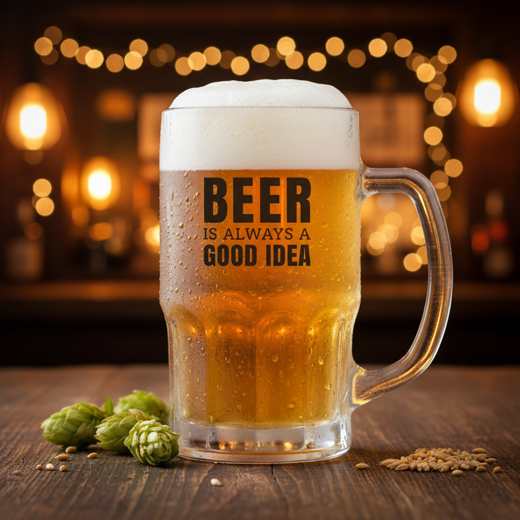 Cooling Beer Gift Mug 15.5x12cm on a rustic pub bar background — perfect novelty beer gift