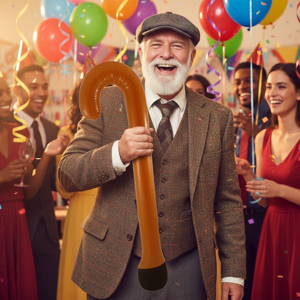 Man in grumpy old man fancy dress costume leaning on inflatable walking stick at a birthday party