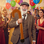 Man in grumpy old man fancy dress costume leaning on inflatable walking stick at a birthday party