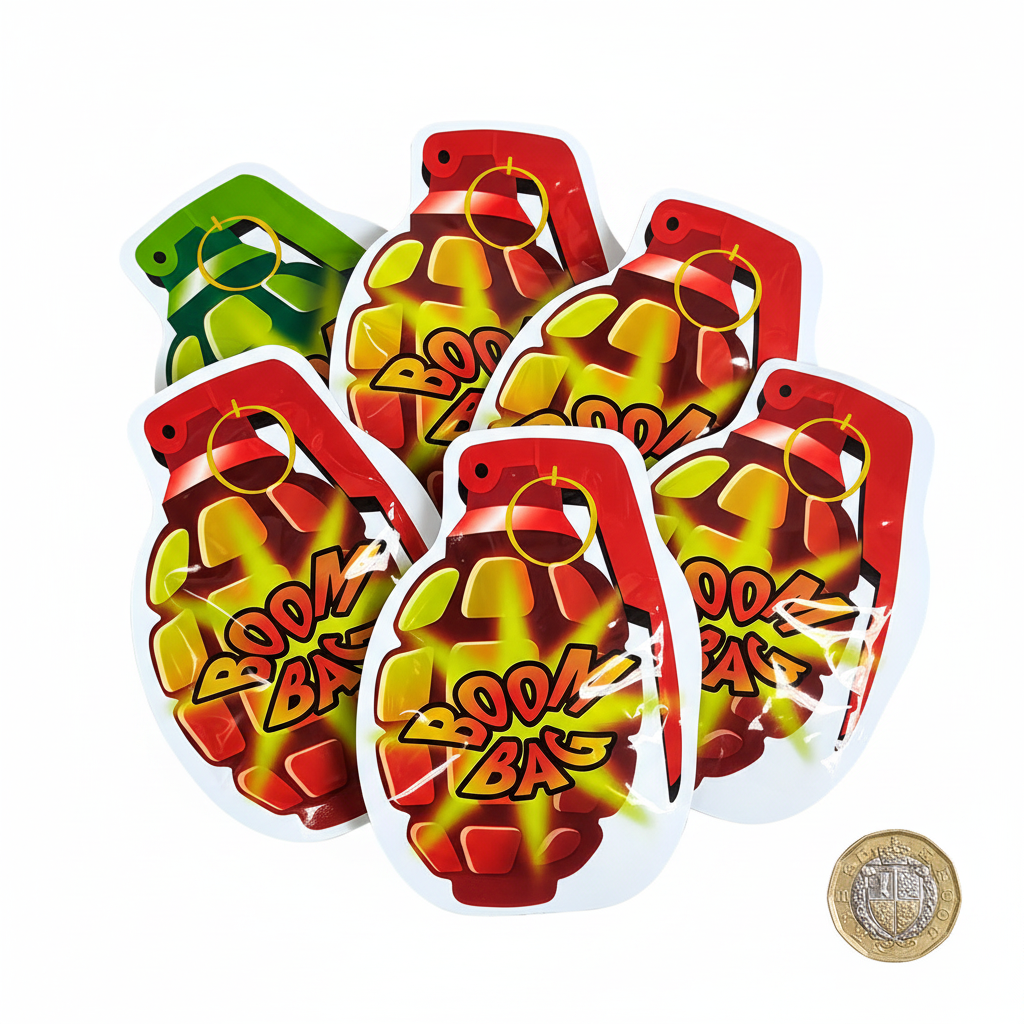 HTI Boom Bomb Bags flat lay with British pound coin for scale on white background showing all included bags