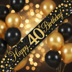 9ft Sparkling Fizz 40th Birthday Banner in black and gold holographic - premium party decoration