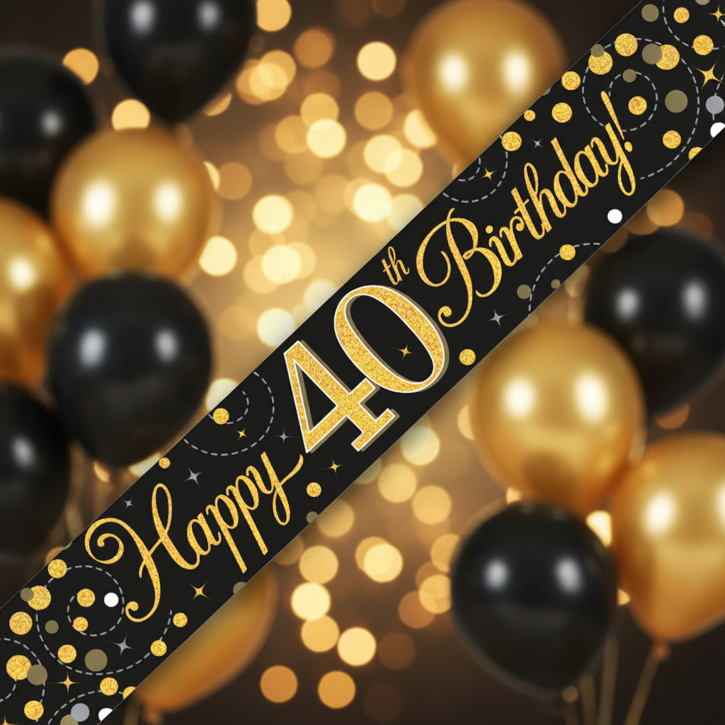 9ft Sparkling Fizz 40th Birthday Banner in black and gold holographic - premium party decoration