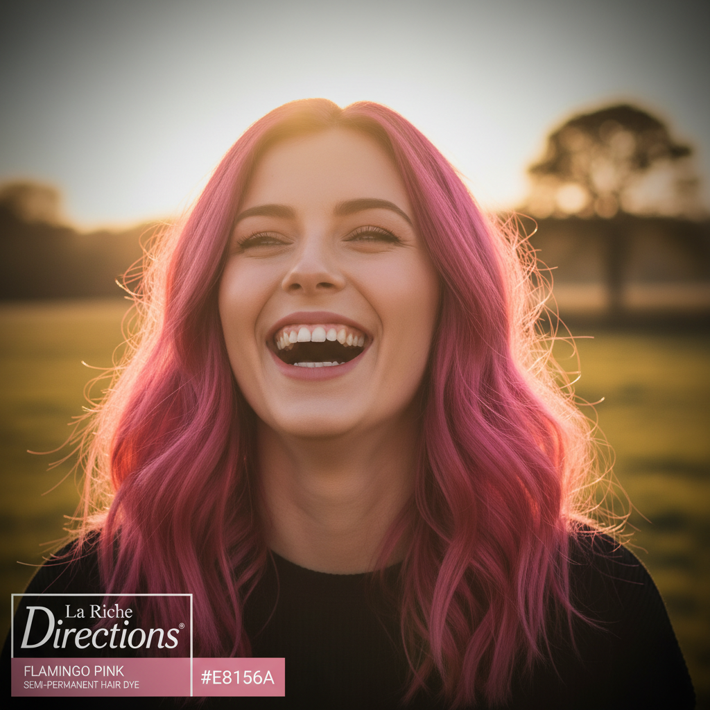 Woman with vibrant flamingo pink hair laughing in golden hour light, showcasing La Riche Directions hair dye results
