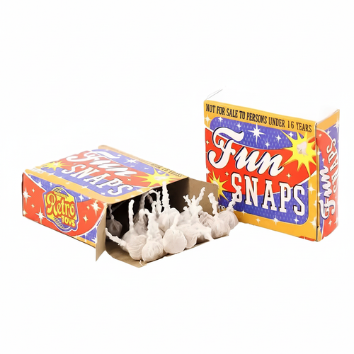 Fun Snaps Throwdowns 50 Pack — two retro boxes on pure white background, one open showing snap twists inside, Amazon and eBay hero shot
