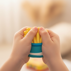 Child's hands authentically playing with a slow rise squishy fast food toy - candid fun moment