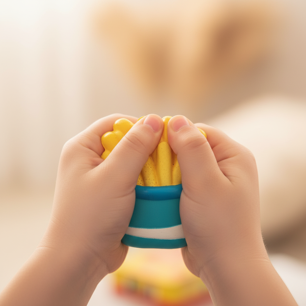 Child's hands authentically playing with a slow rise squishy fast food toy - candid fun moment
