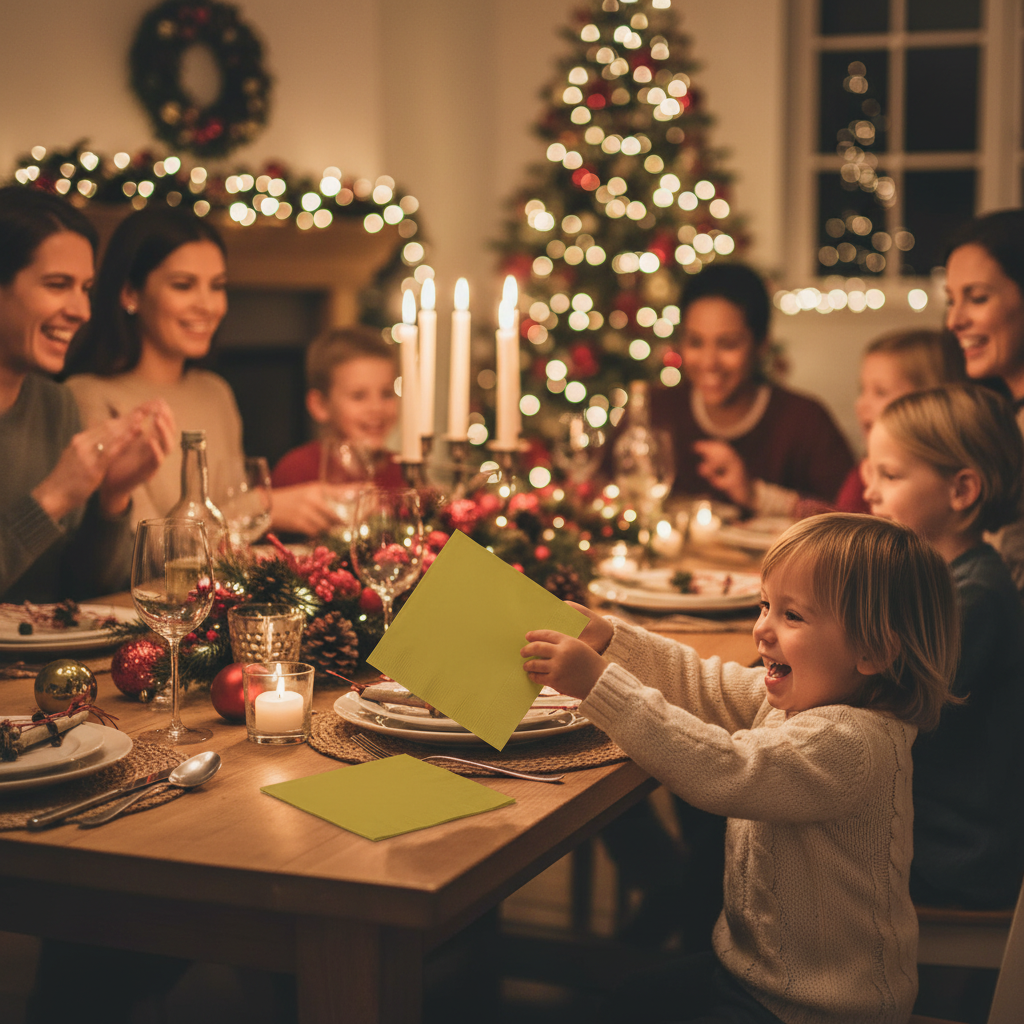 Family gathering with gold luncheon napkins at a festive Christmas or New Year celebration