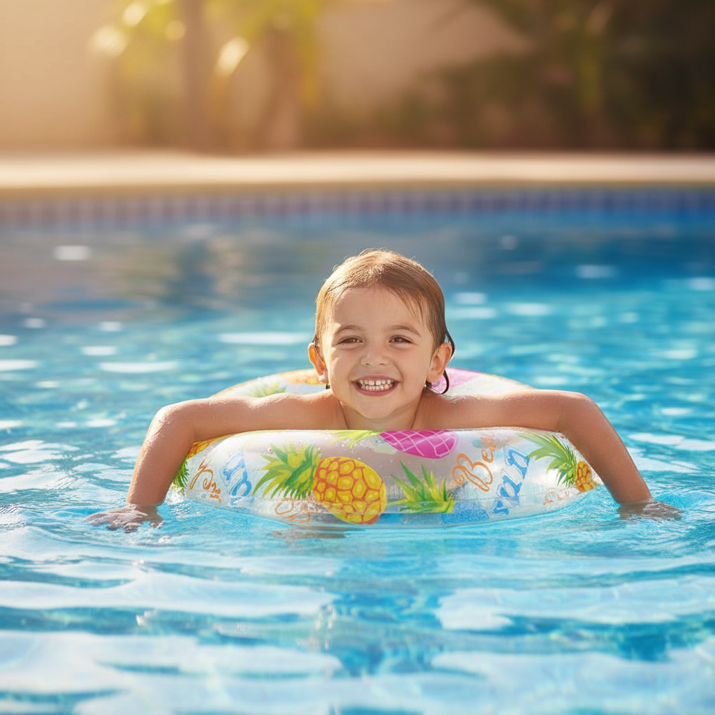 Young child floating happily in swimming pool on Intex inflatable swim ring with pineapple print — golden hour summer scene
