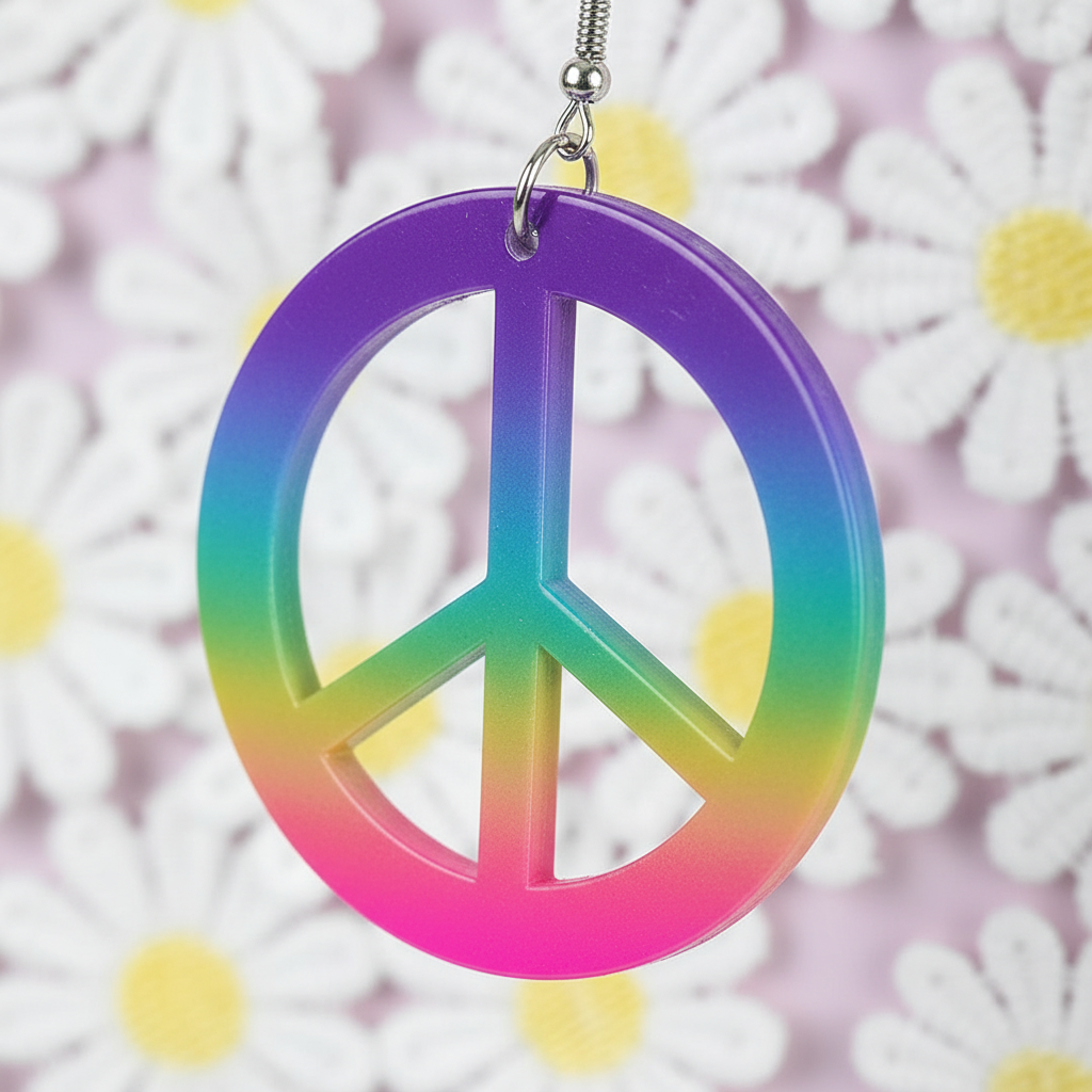 Extreme close-up macro detail of rainbow gradient peace sign earrings showing smooth acrylic finish and colour transition
