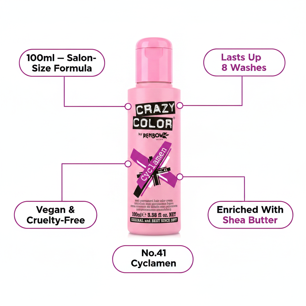 Crazy Color Cyclamen No.41 hair dye infographic showing key features: 100ml, lasts 8 washes, vegan, shea butter enriched