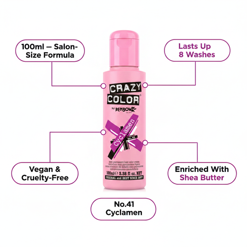 Crazy Color Cyclamen No.41 hair dye infographic showing key features: 100ml, lasts 8 washes, vegan, shea butter enriched