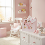 Pink Hedge-Hugs Hetty gift bag in beautiful nursery filled with baby clothes and toys, perfect baby shower gift