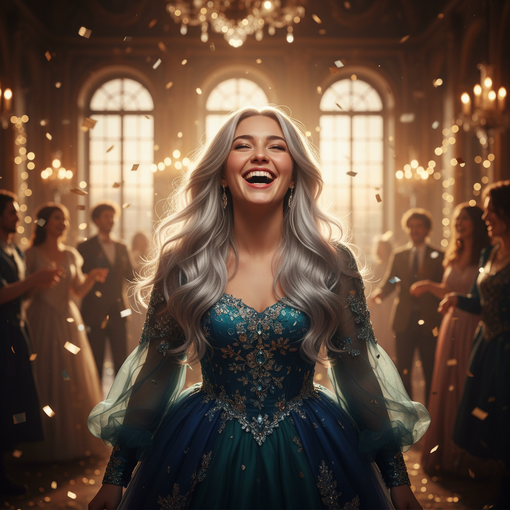 Woman with stunning silver metallic hair laughing at a vibrant fancy dress party, golden hour lighting