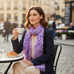 Elegant woman wearing purple chiffon botanical scarf at Parisian outdoor cafe - lifestyle fashion photo