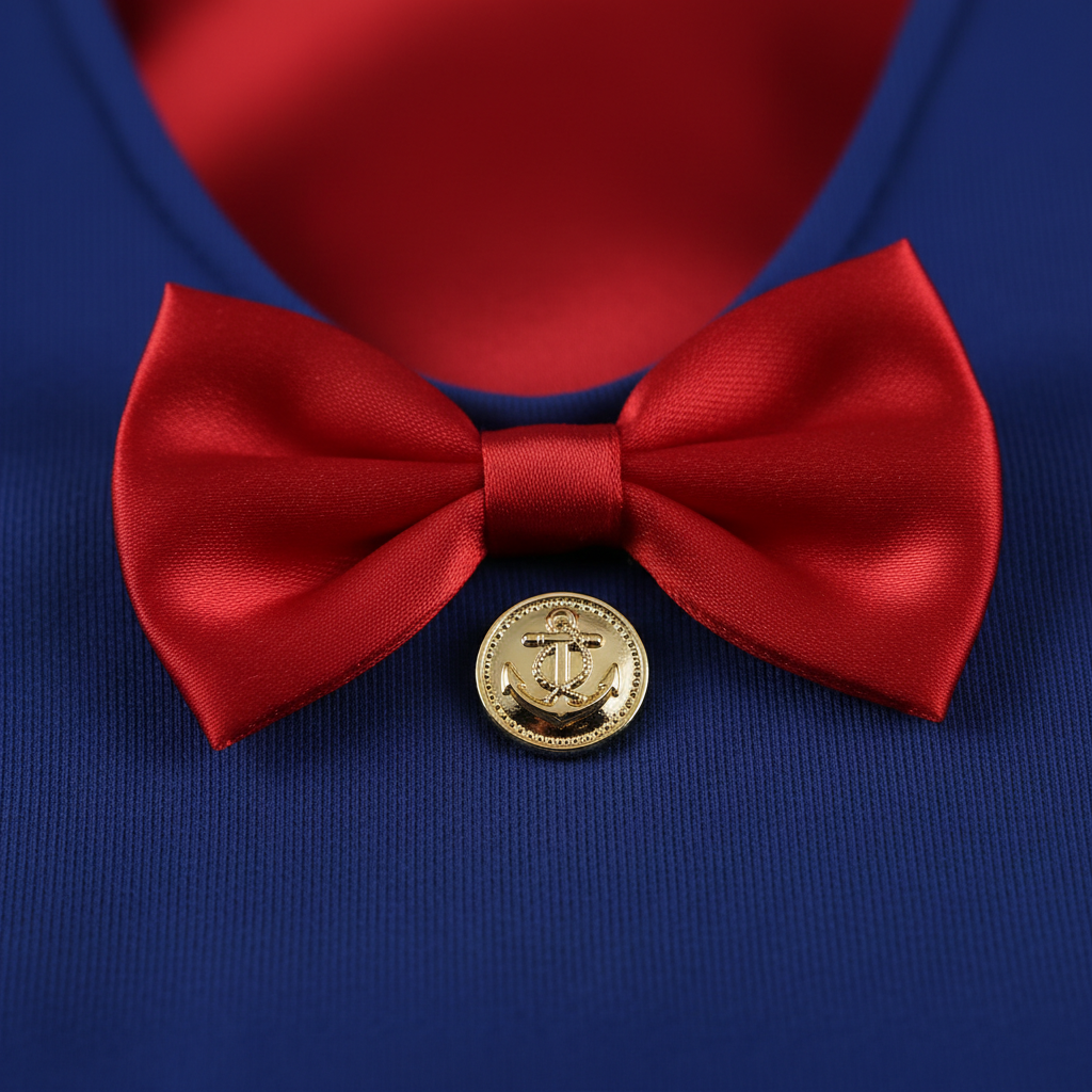 Macro close-up of red satin bow and gold button detail on royal blue sailor costume fabric showing material quality and texture