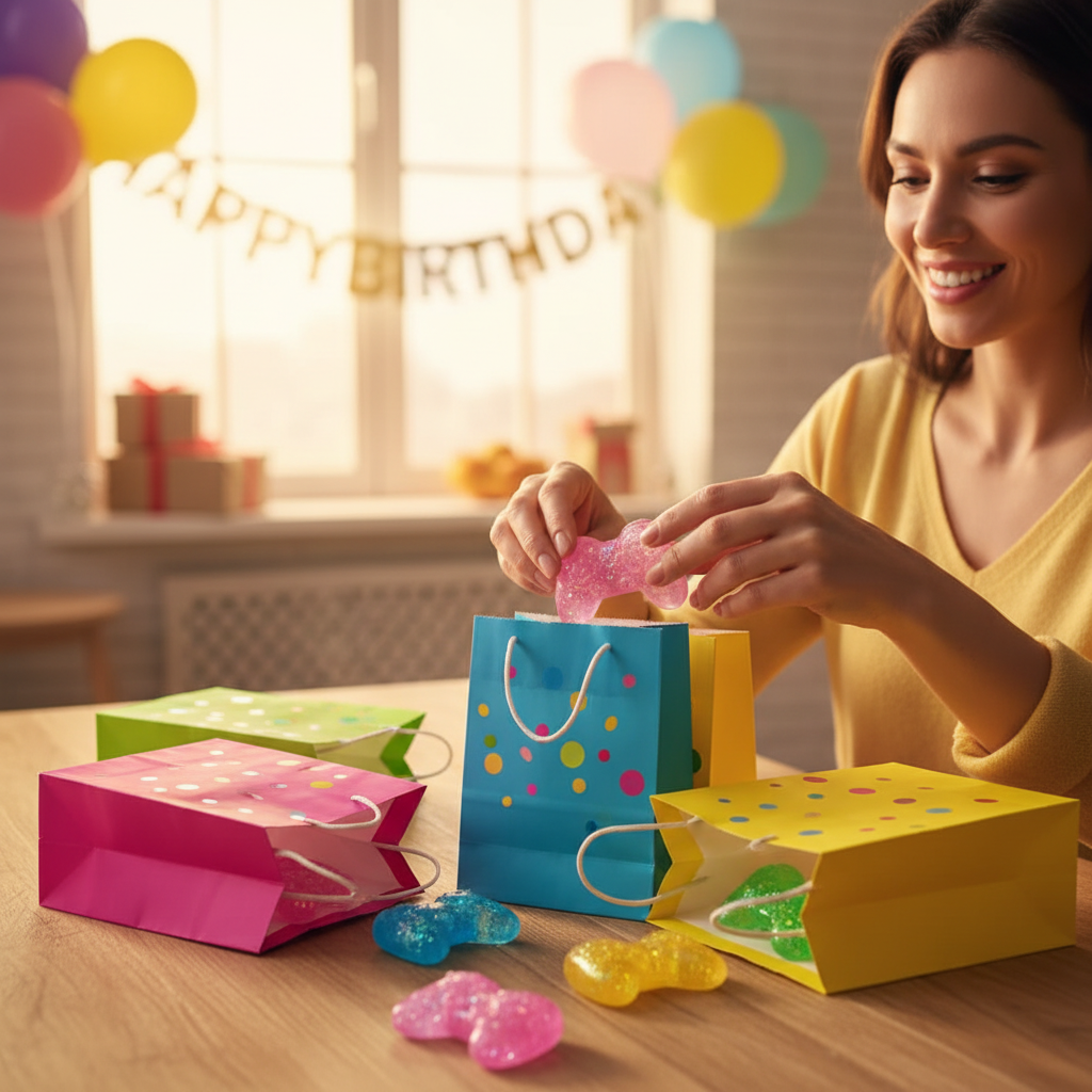 Parent placing assorted Stretch and Squeeze Game Controller Gel Toys into colourful birthday party bags on a kitchen table