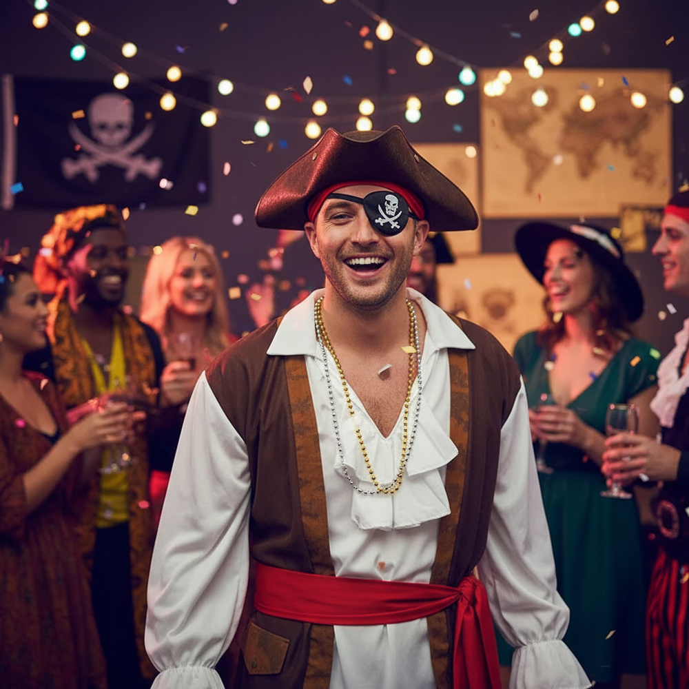 Person wearing black and white satin pirate eye patch at costume party - comfortable fancy dress accessory