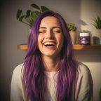 Woman with vibrant violet hair laughing joyfully in golden hour light, showcasing La Riche Directions Violet hair colour result