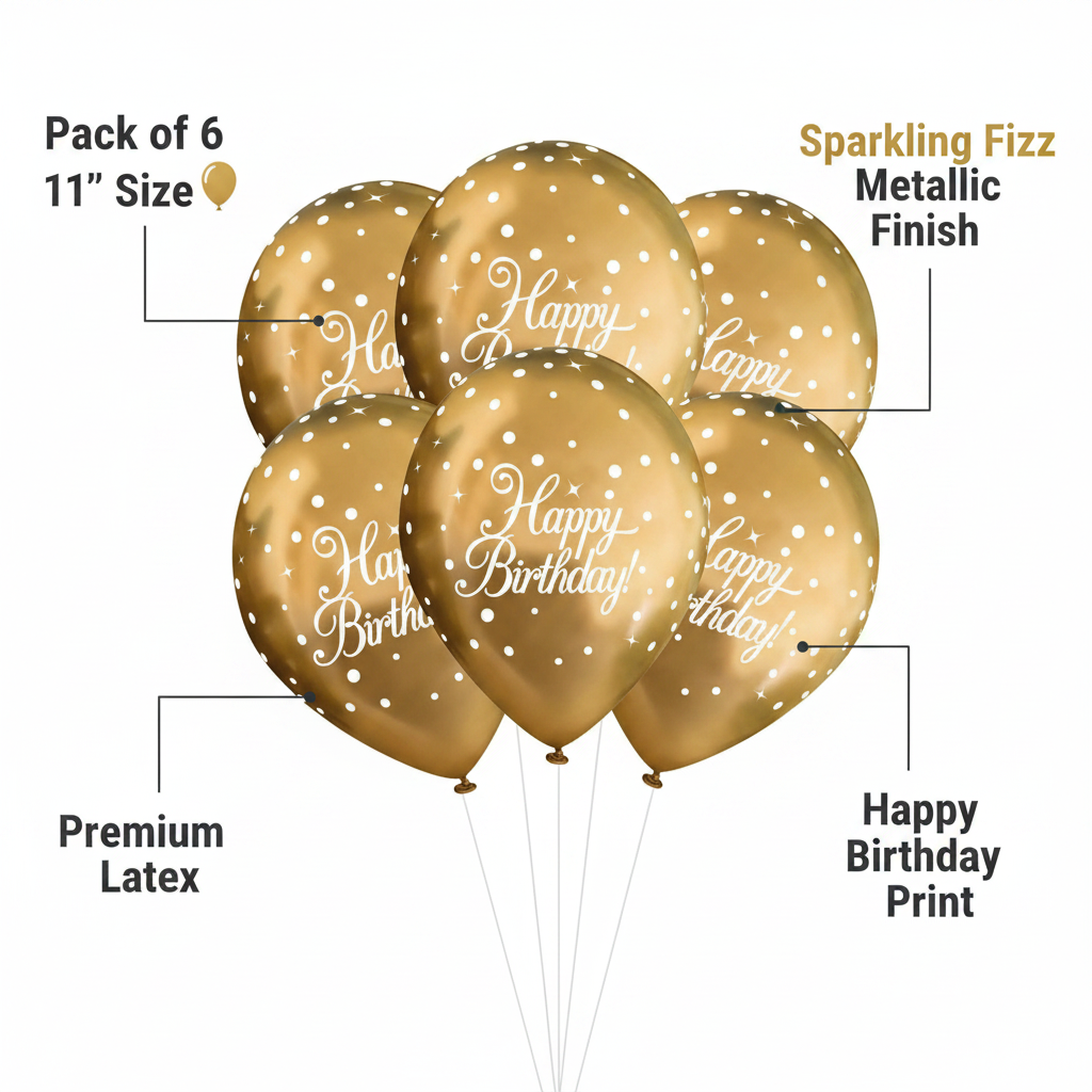 11 inch gold sparkling fizz Happy Birthday balloons pack of 6 - feature infographic showing size, quantity, metallic finish and premium latex details