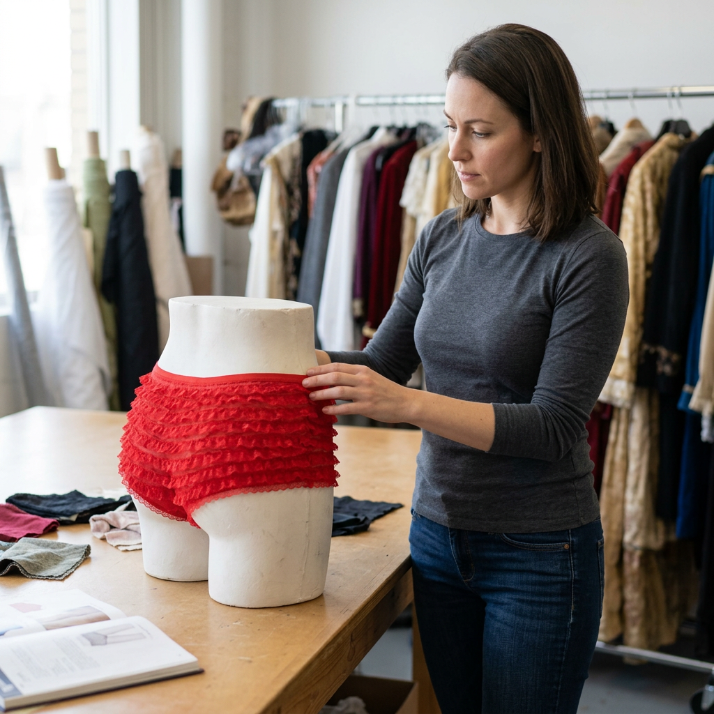 Woman examining red ruffle lace panties on a display form in a clothing studio