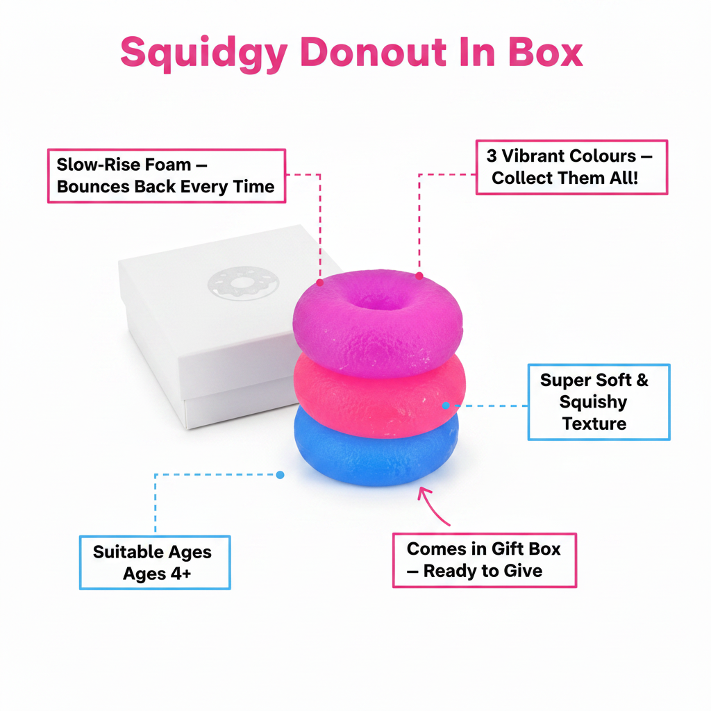 Squidgy Donut In Box feature infographic showing slow-rise foam, 3 colours, soft texture, gift box packaging and age 4+ suitability