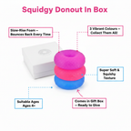 Squidgy Donut In Box feature infographic showing slow-rise foam, 3 colours, soft texture, gift box packaging and age 4+ suitability