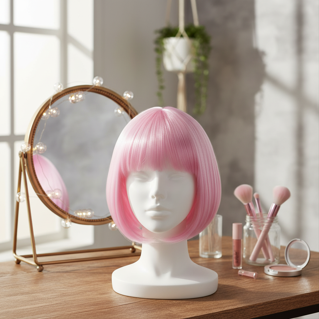 Baby pink bob wig on mannequin stand on dressing table