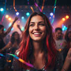 Young woman with vibrant red temporary hair colour at party - Party Success hair spray results