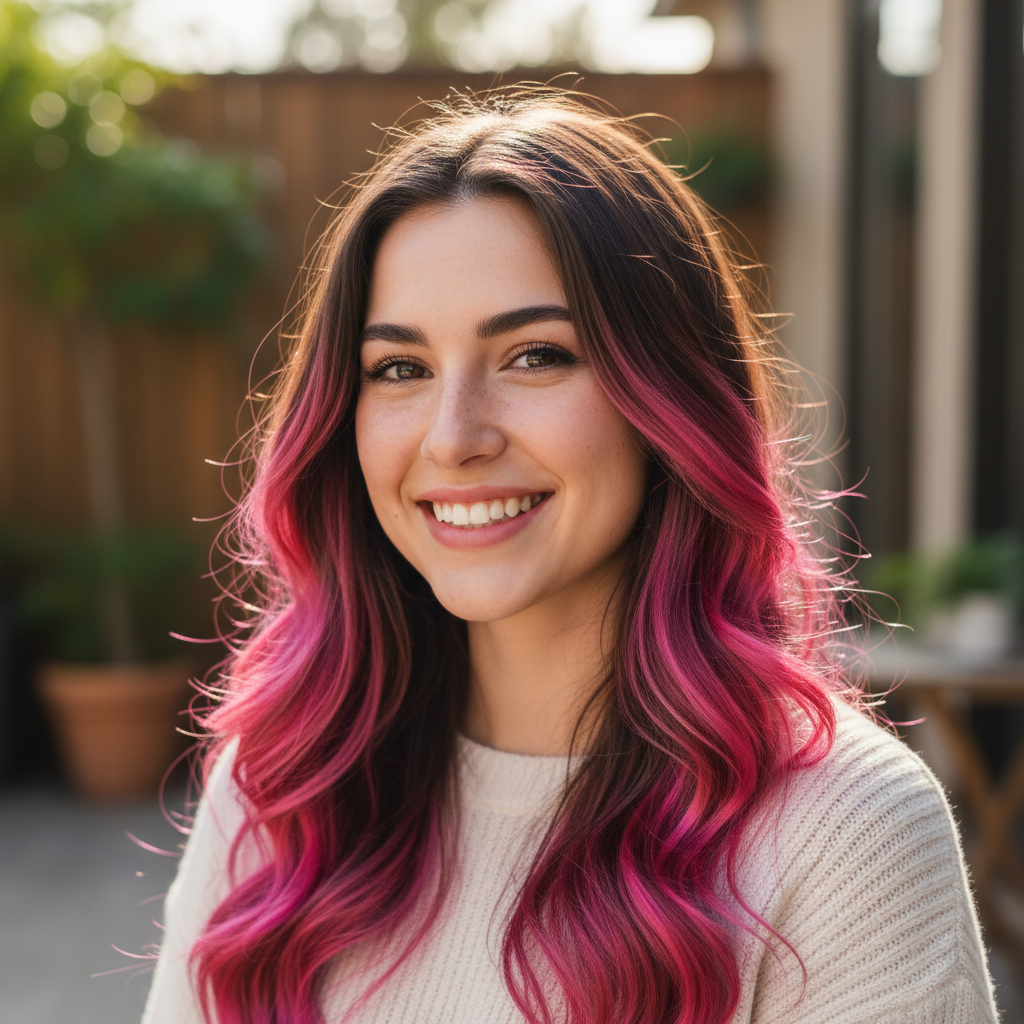 Young woman with beautiful vivid pink hair streaks showing the result of using Party Success temporary hair colour spray