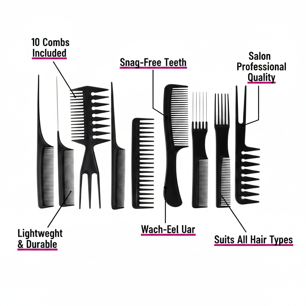 10 Pack Professional Hair Comb Set feature infographic showing 10 combs included, snag-free teeth, salon quality, lightweight durable, suits all hair types