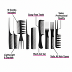 10 Pack Professional Hair Comb Set feature infographic showing 10 combs included, snag-free teeth, salon quality, lightweight durable, suits all hair types