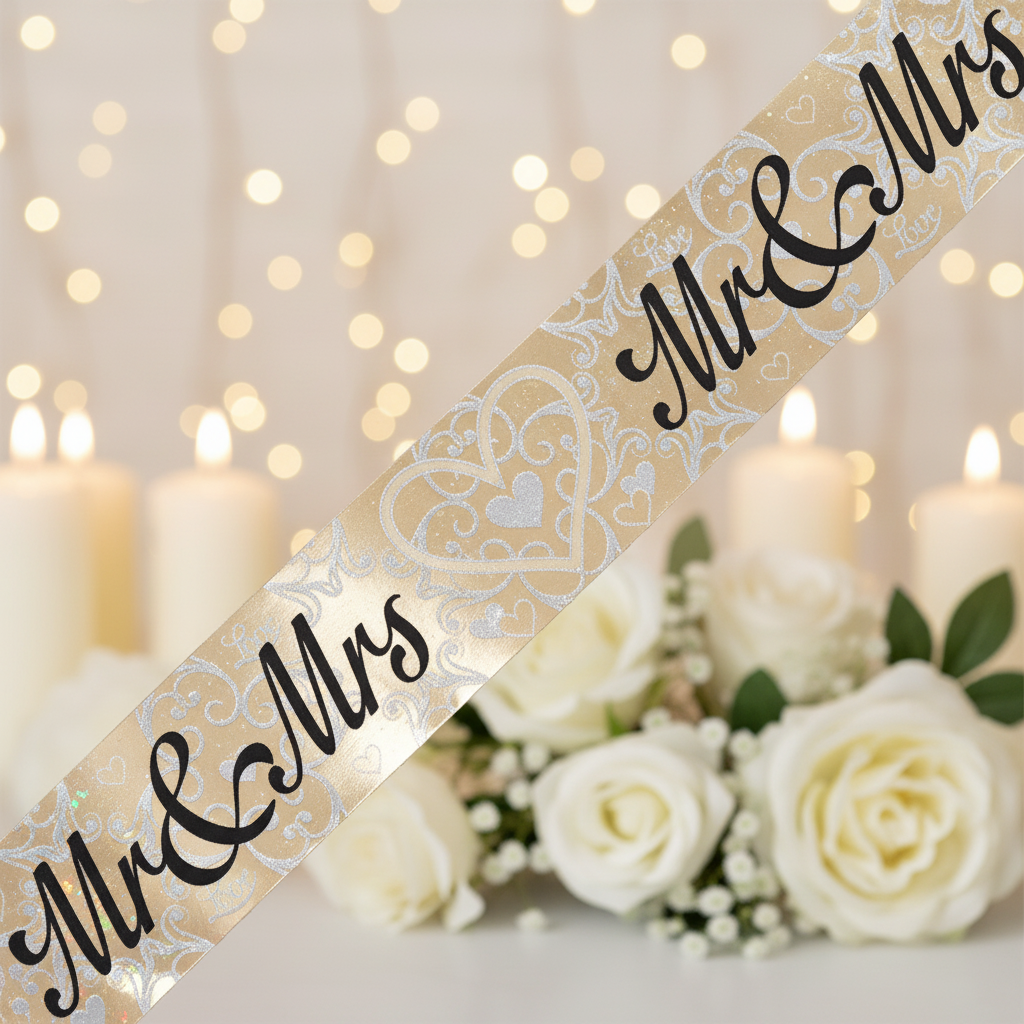 9ft Mr & Mrs metallic wedding banner with romantic bokeh lights and gold wedding decor background