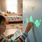 Young child carefully peeling and sticking glow in the dark dinosaur stickers onto a bedroom wall