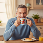 Happy dad holding Best Dad mug at kitchen table on a Sunday morning – Father's Day gift idea