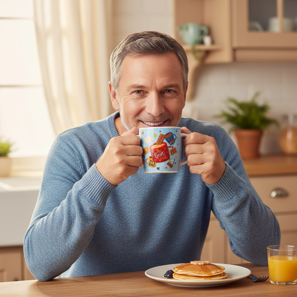 Happy dad holding Best Dad mug at kitchen table on a Sunday morning – Father's Day gift idea