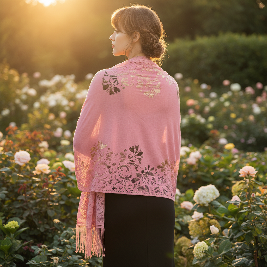 Elegant woman wearing pink lace pashmina shawl in a beautiful garden at golden hour