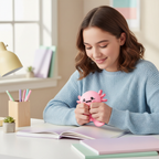 Teenage girl fidgeting with a Smooshy Lotl axolotl squishy toy at her study desk – novelty fidget toy for teens