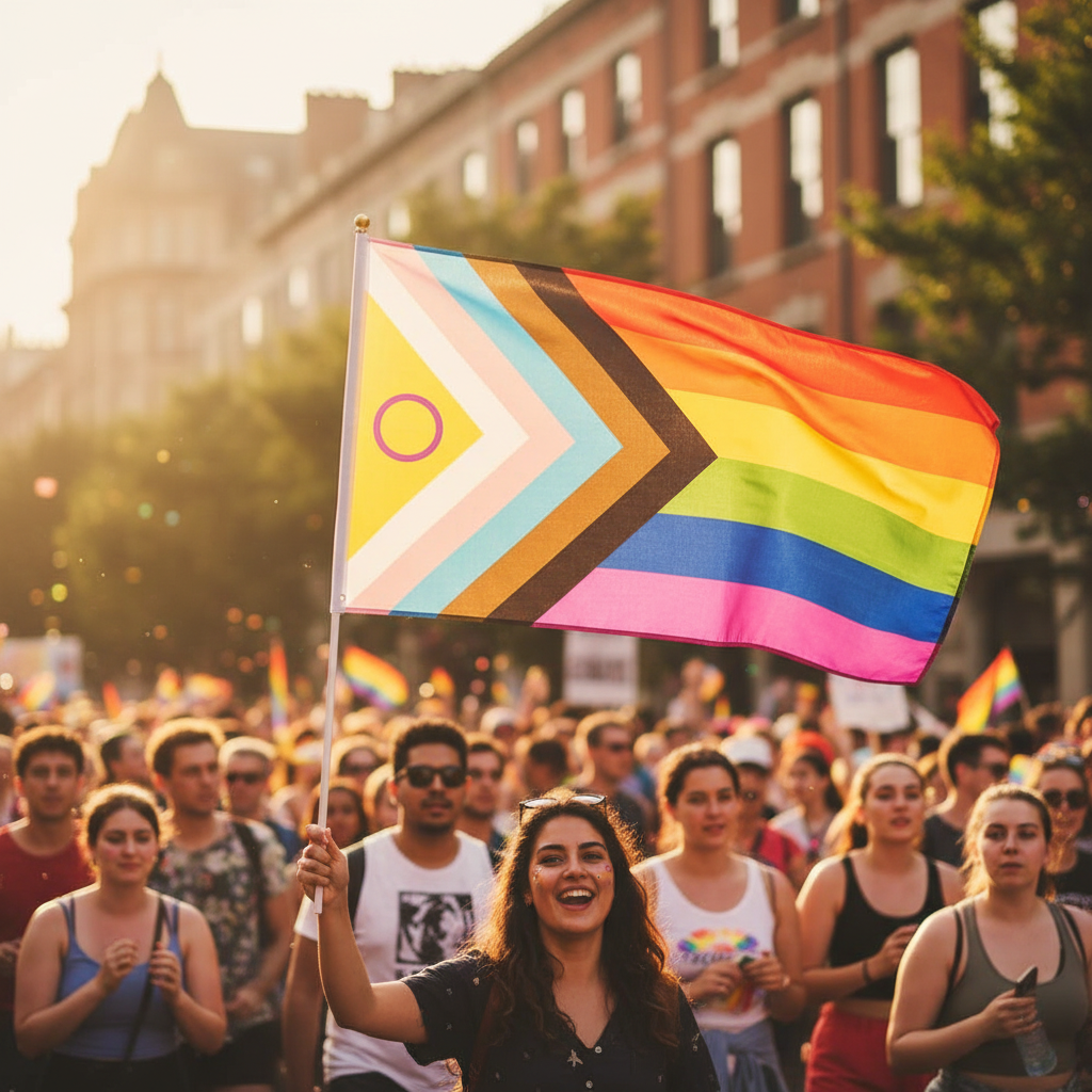 Person waving Intersex Progress Gay Pride Flag at Pride parade in warm golden hour light