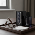 Real Time Wild Action Elixir EDT bottle styled on dark wooden grooming tray with razor and watch, natural window light, interior magazine quality