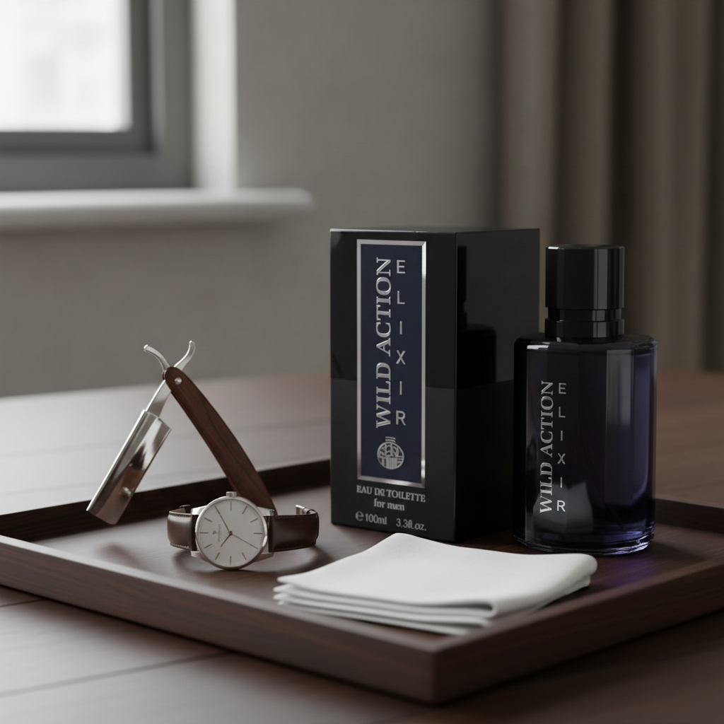 Real Time Wild Action Elixir EDT bottle styled on dark wooden grooming tray with razor and watch, natural window light, interior magazine quality
