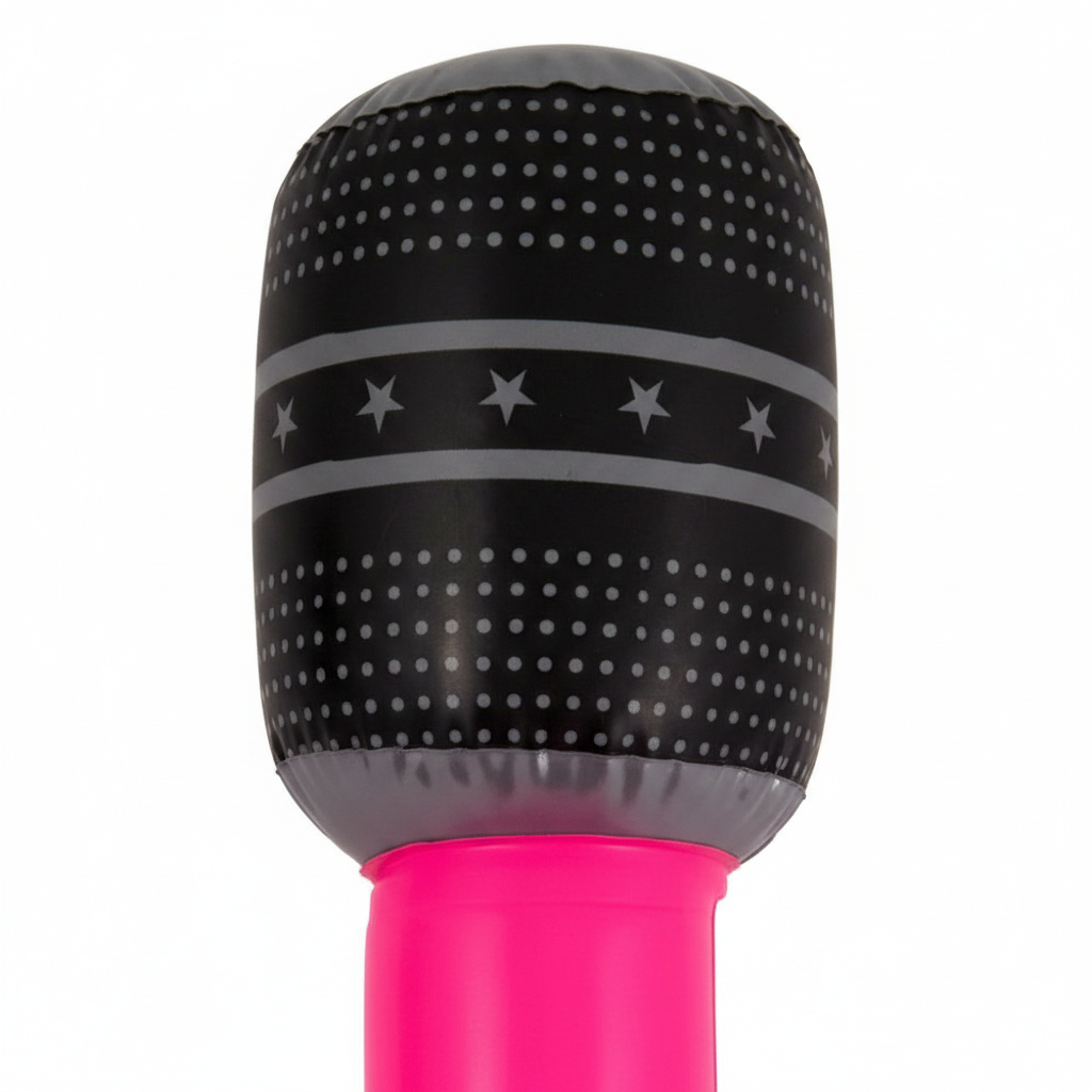 Extreme macro close-up of inflatable microphone dark charcoal mesh head with silver star details and neon pink handle — material texture and quality detail