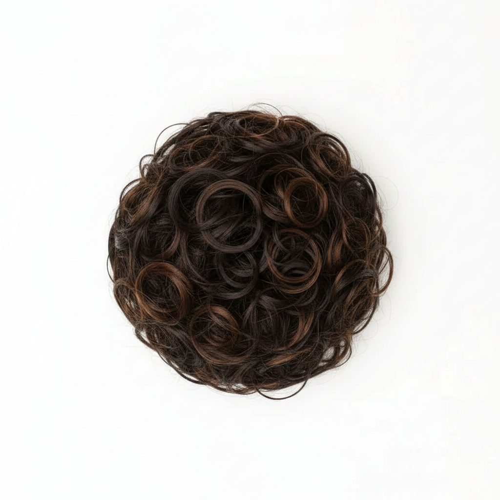 Heat resistant curly messy hair bun in chocolate brown shade 4 Chocolate Dahlia on pure white background, Amazon and eBay compliant hero shot