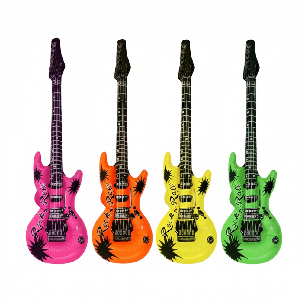 Four neon inflatable electric guitars in pink, orange, yellow and green on a white background
