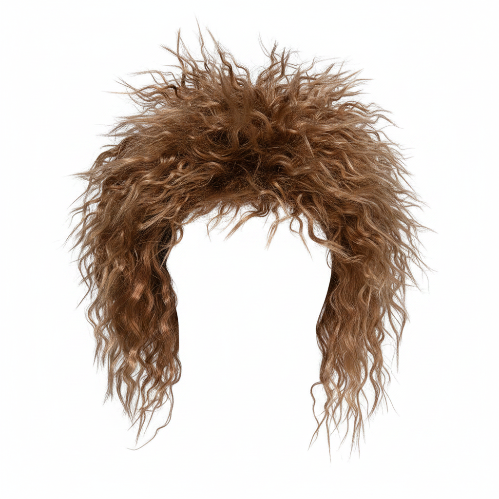 80s Tina Brown Wig on pure white background, voluminous warm brown curly wig, studio hero shot