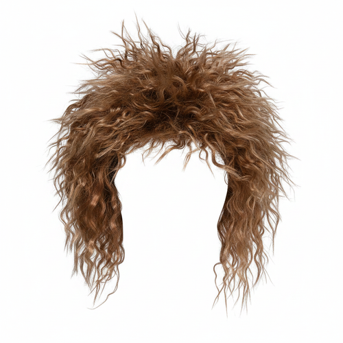 80s Tina Brown Wig on pure white background, voluminous warm brown curly wig, studio hero shot