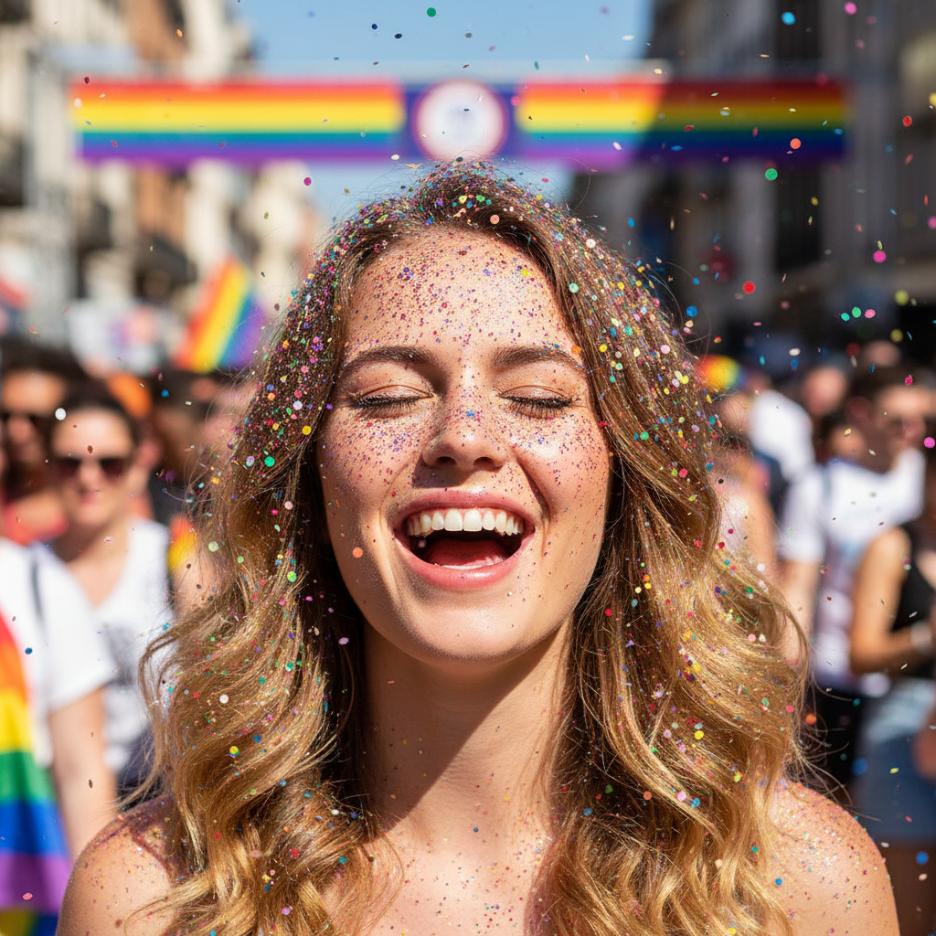 Person with rainbow multi-coloured glitter in hair at pride parade - Party Success glitter hairspray results
