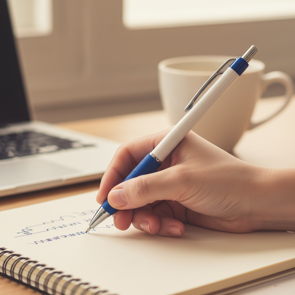 Hand writing in a notebook with the Tiger Stationery 4-colour ballpoint pen, white body and royal blue grip held naturally, warm bokeh background