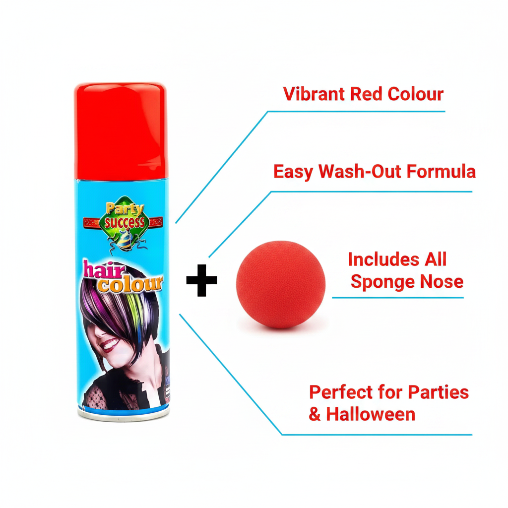 Red Hair Spray and Sponge Nose product features infographic showing key benefits