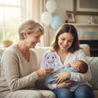 Happy family gifting a Swizzels Love Heart It's A Boy bunny to a new mother and her newborn baby boy