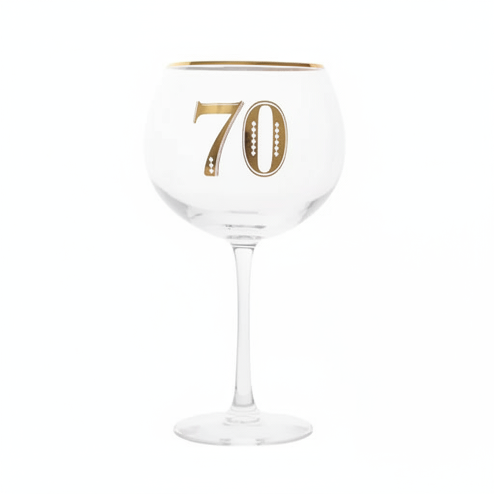 Art Deco 70th Birthday Gin Glass on pure white background, centred studio hero shot